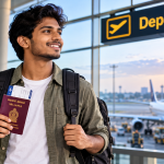 Sri Lankan student holding a passport at an airport before flying to Australia to study.