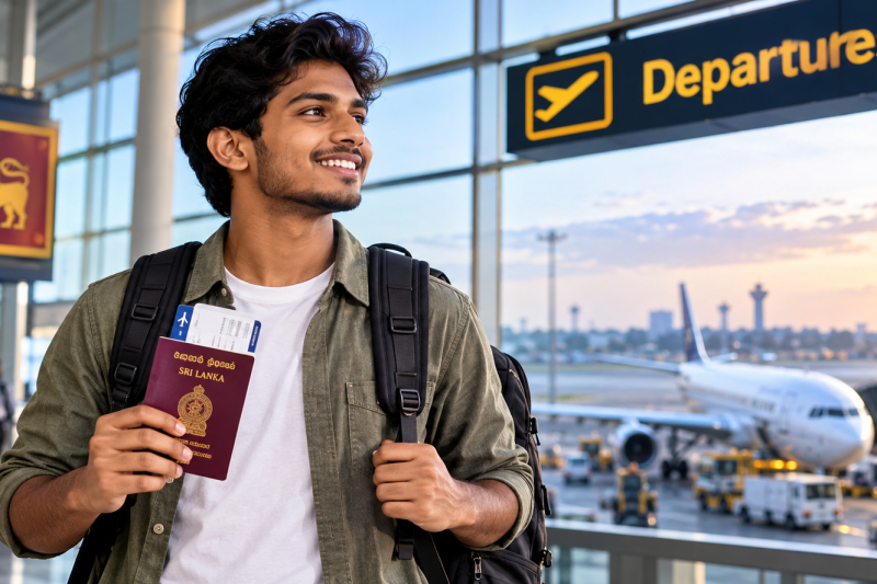 Sri Lankan student holding a passport at an airport before flying to Australia to study.