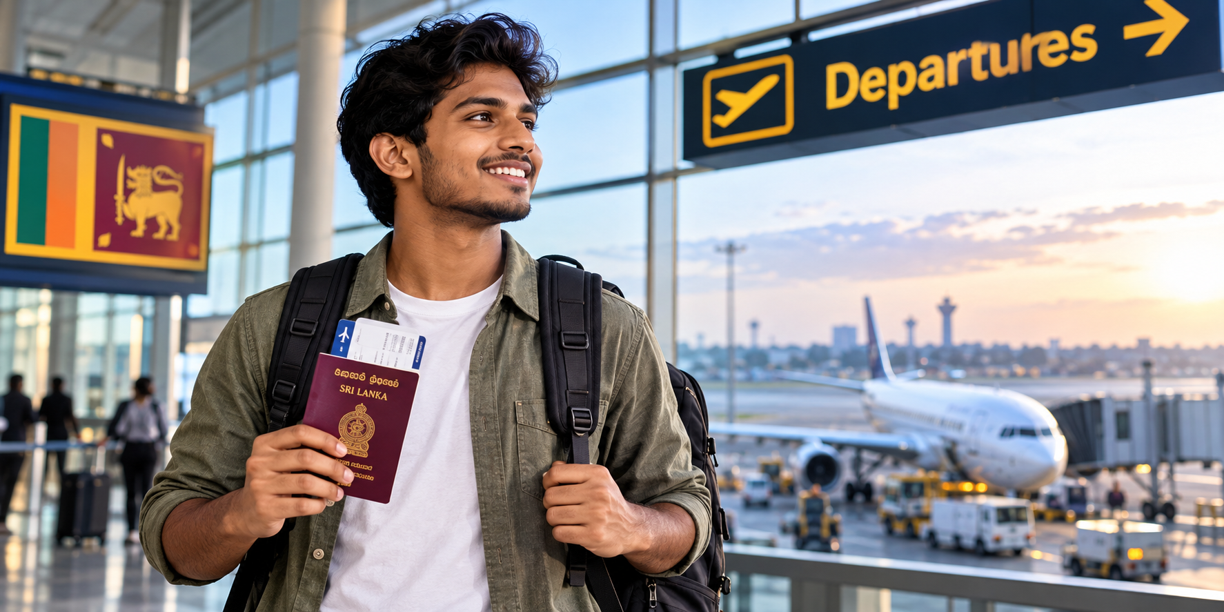 Sri Lankan student holding a passport at an airport before flying to Australia to study.